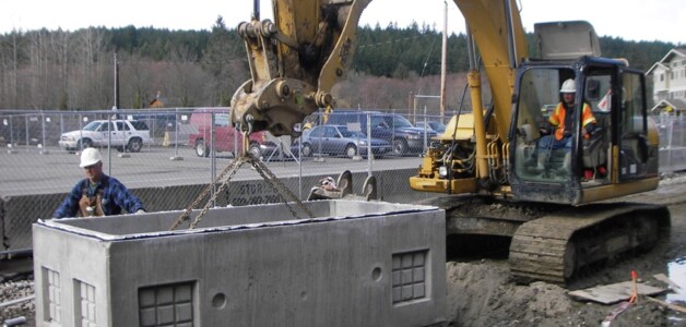 workers in utility hats using large excavation equipment digging and placing large concrete item in ground